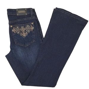 Tru Luxe Jeans Boot Cut Sedona Dark Wash Embellished Pockets sz 4